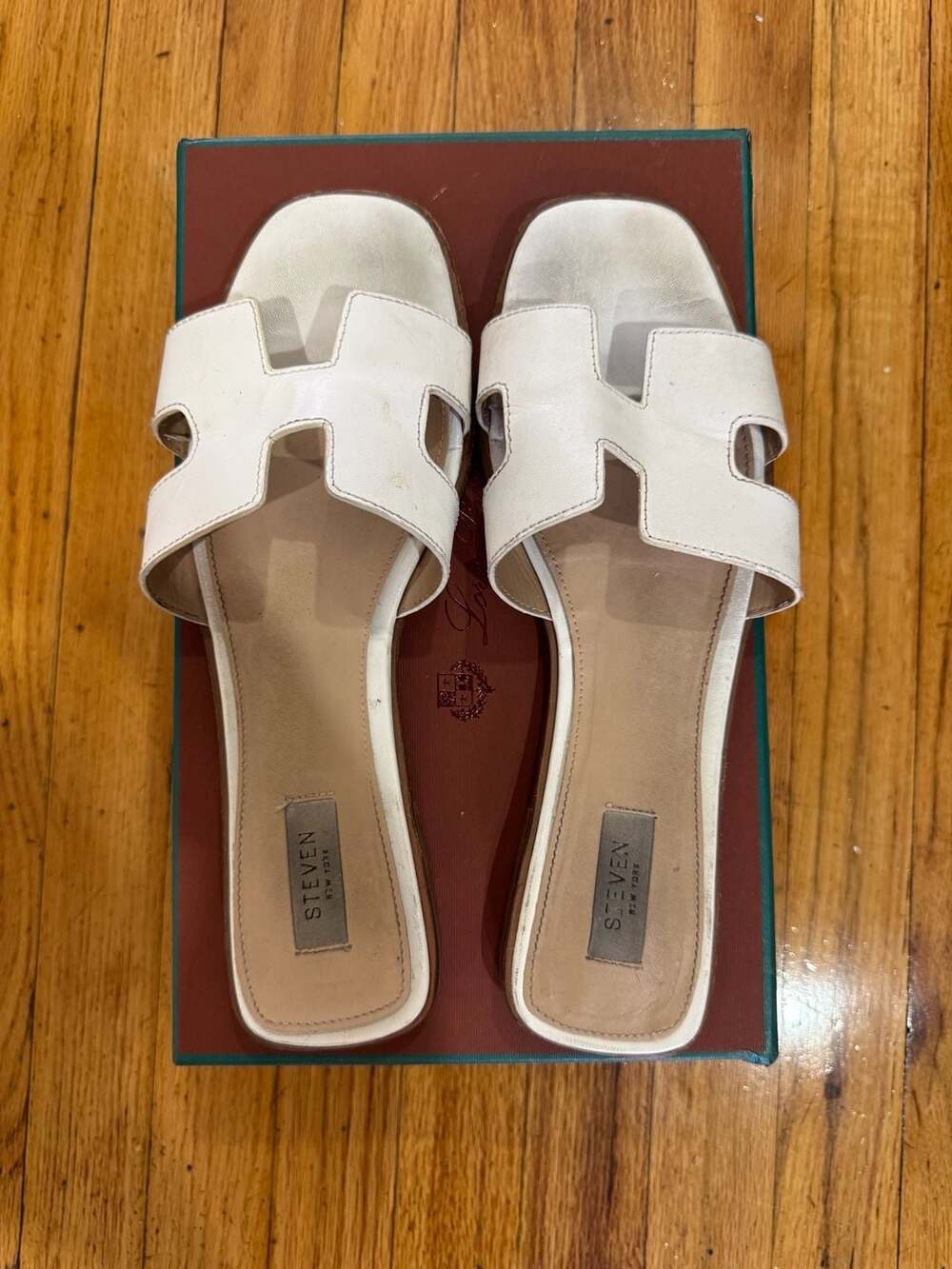 Steven New York Haydn H Strap Leather Sandal Slides White